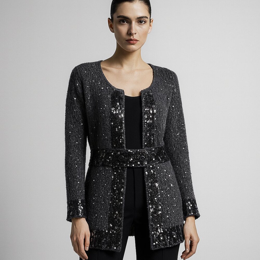 IISLI Elegant Designer Wool Sequins Gray Cardigan Kimono Orig $998! Size 8 - NWT